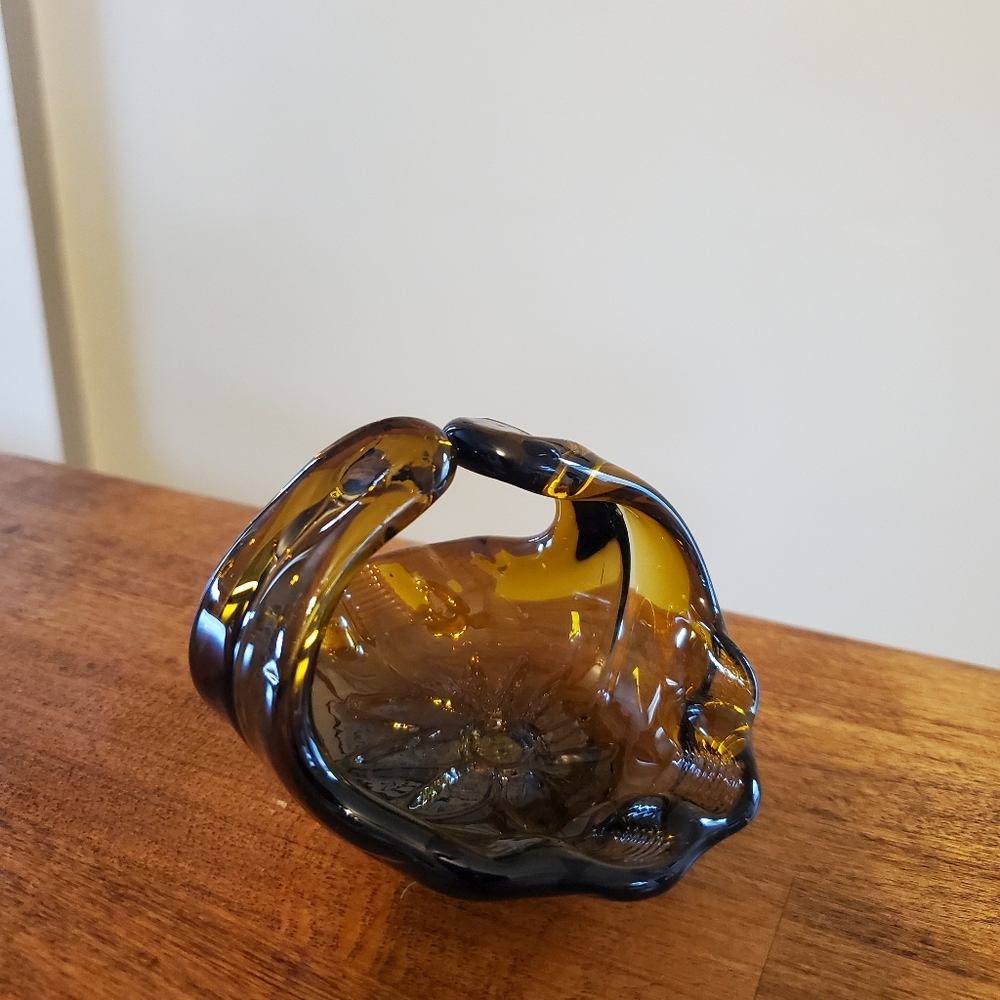 Vintage Amber Glass Basket with Flower - Ashtray, Candy Dish